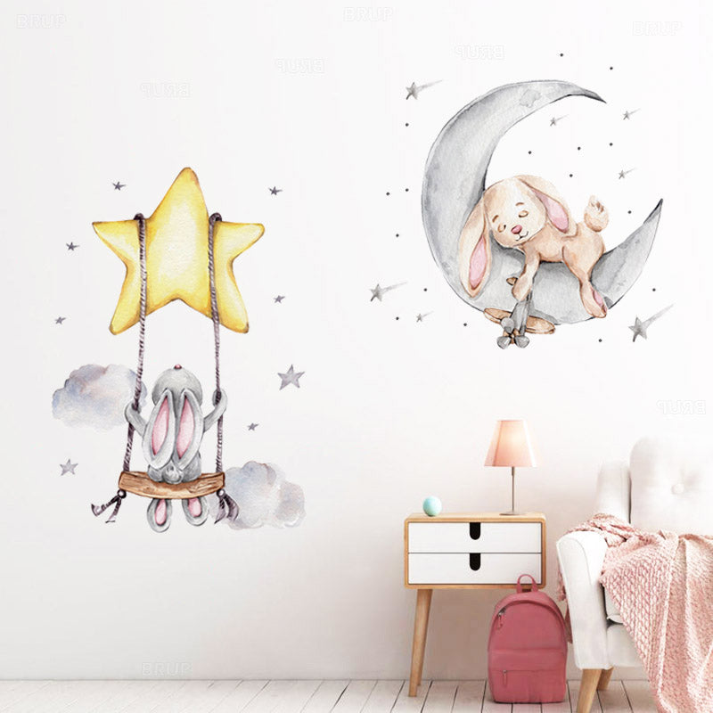 Cartoon Moon and Stars Rabbit Wall Stickers for Kids