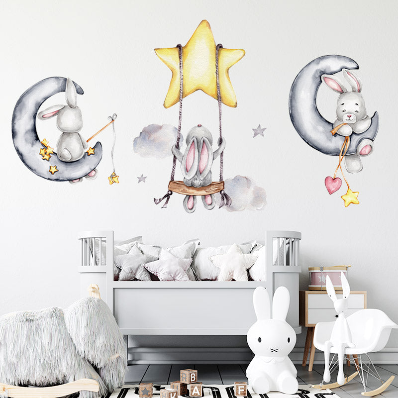 Cartoon Moon and Stars Rabbit Wall Stickers for Kids