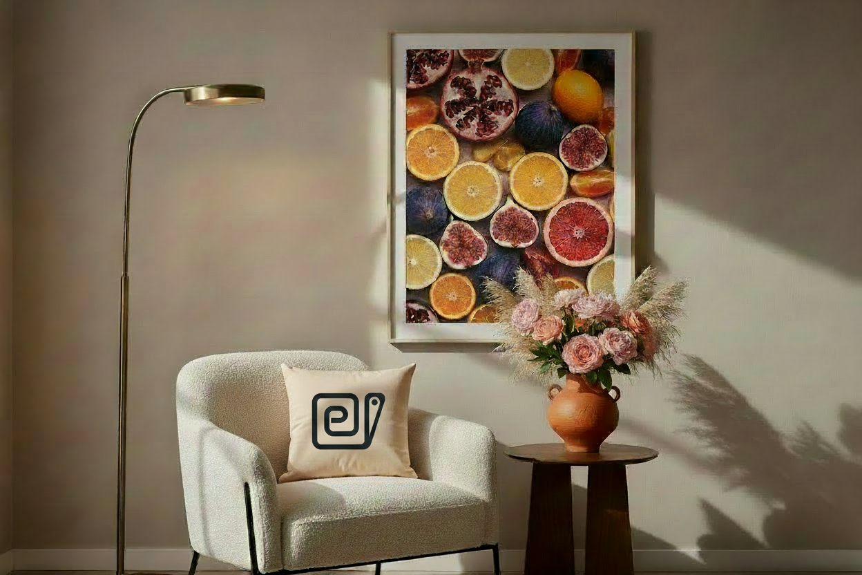 Elegant Room Corner with Escargot Logo on Cream Cushion